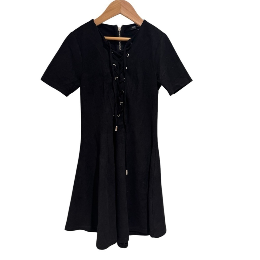 MISS BEHAVE black faux suede lace up detail short sleeve dress - size 8